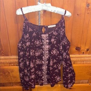 Rewind Plum Floral Cold-Shoulder Blouse with Pink Print